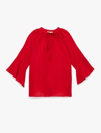 Bağcıklı Yuvarlak Yaka Viskon Fırfırlı 3/4 Kollu Bluz