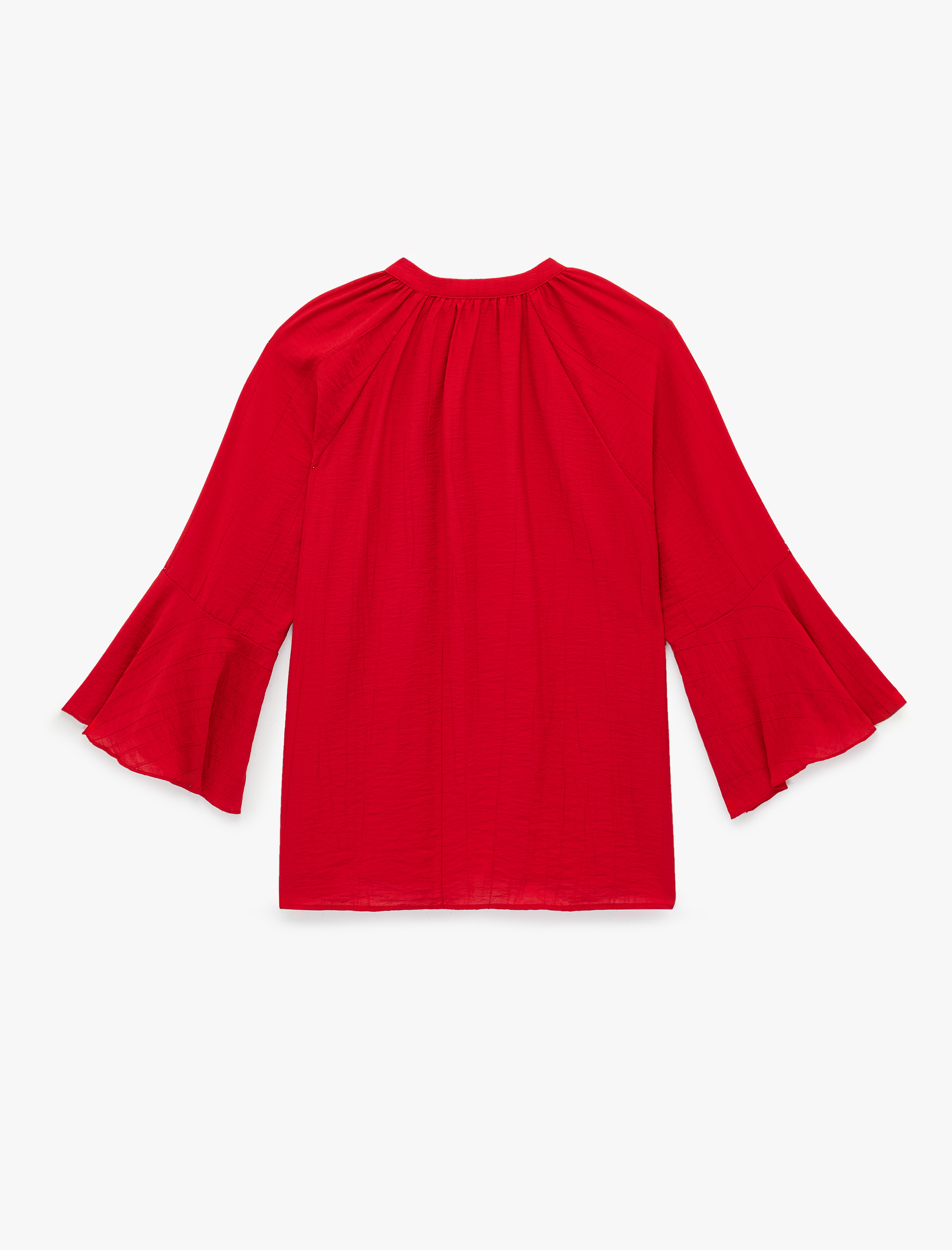   Bağcıklı Yuvarlak Yaka Viskon Fırfırlı 3/4 Kollu Bluz