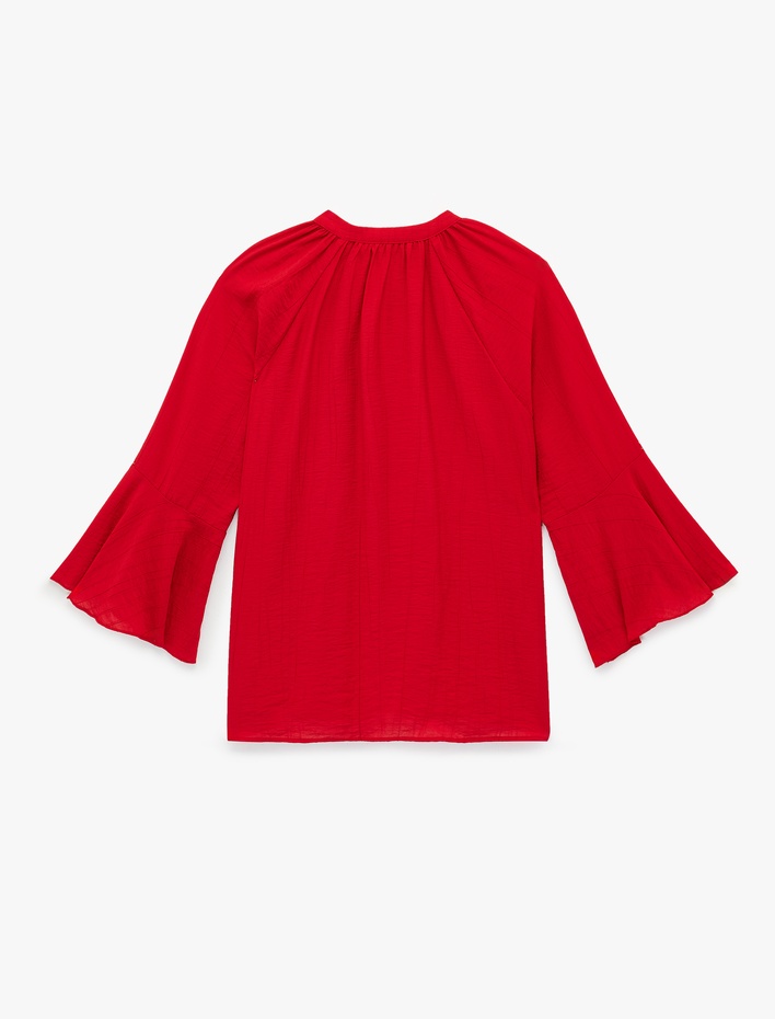 Bağcıklı Yuvarlak Yaka Viskon Fırfırlı 3/4 Kollu Bluz