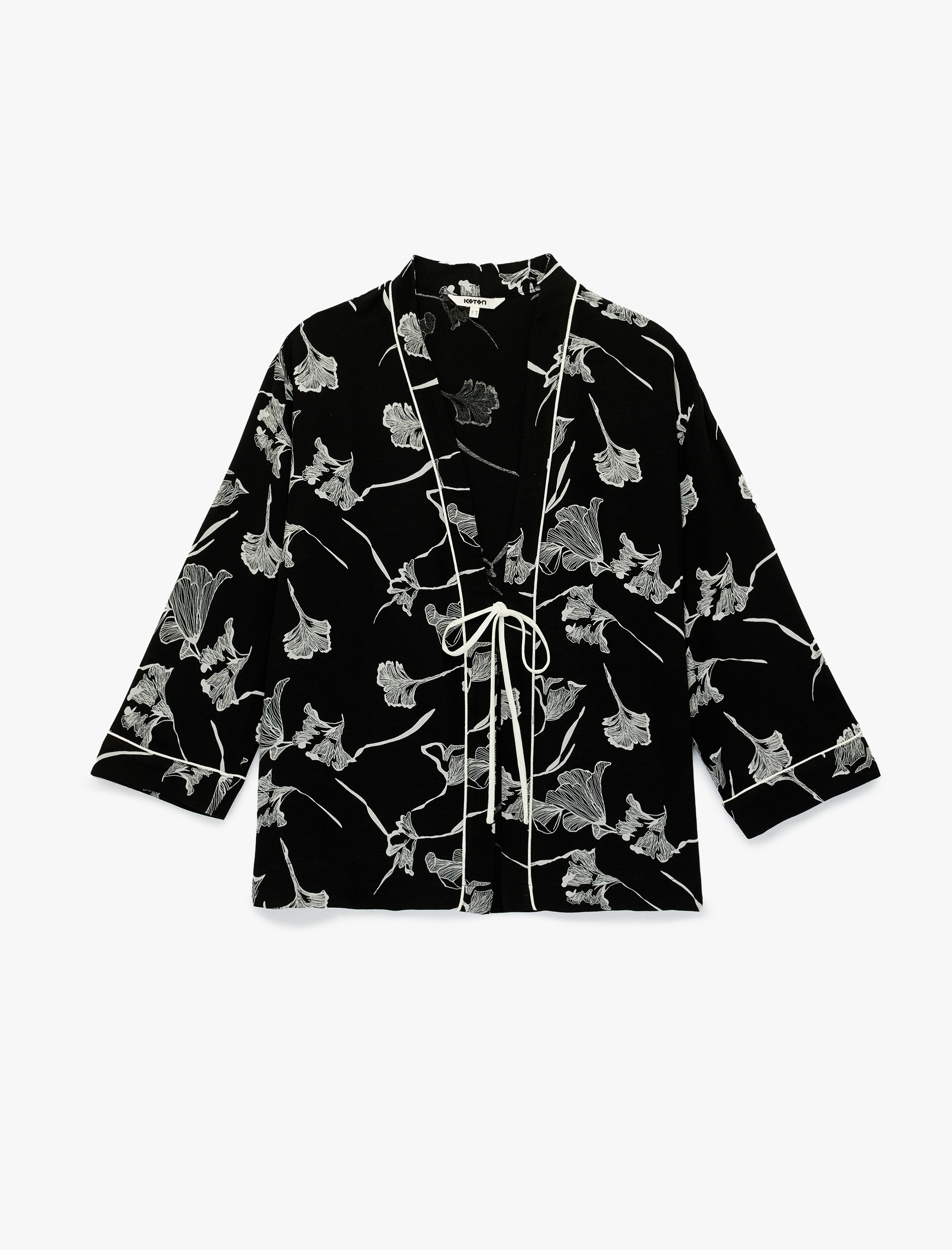   Keten Karışımlı Uzun Kollu Kruvaze Çiçekli Kimono Ceket