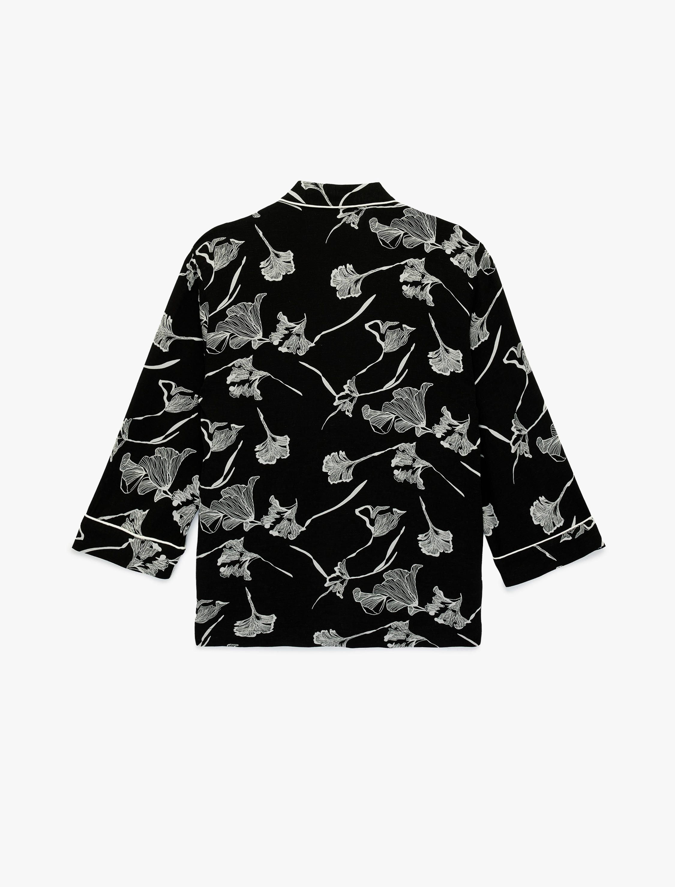   Keten Karışımlı Uzun Kollu Kruvaze Çiçekli Kimono Ceket