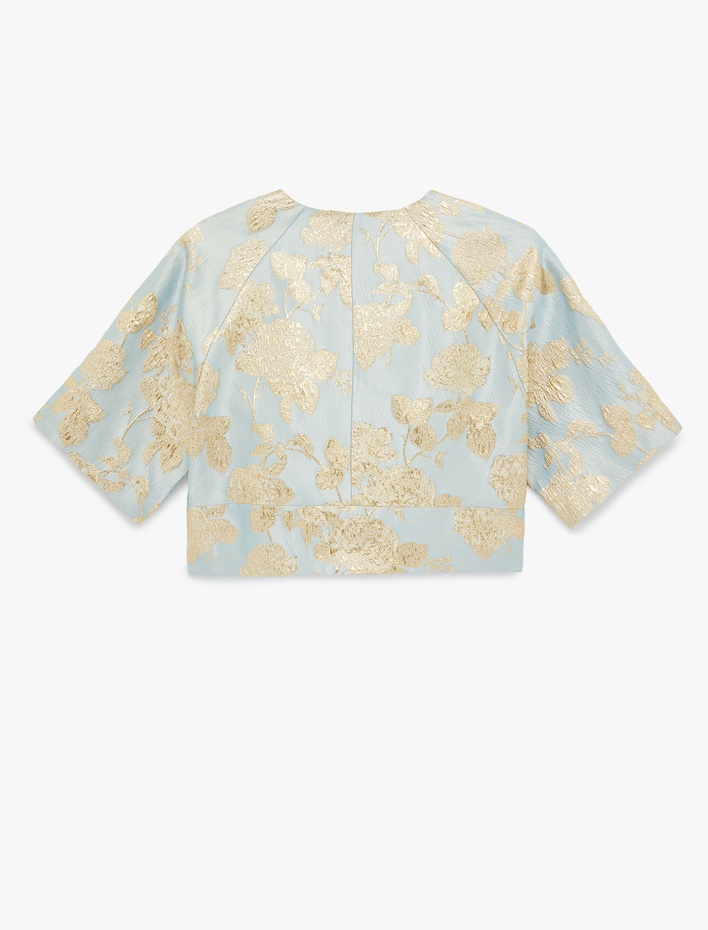  3/4 Kollu Bisiklet Yaka Metalik İşlemeli Crop Ceket