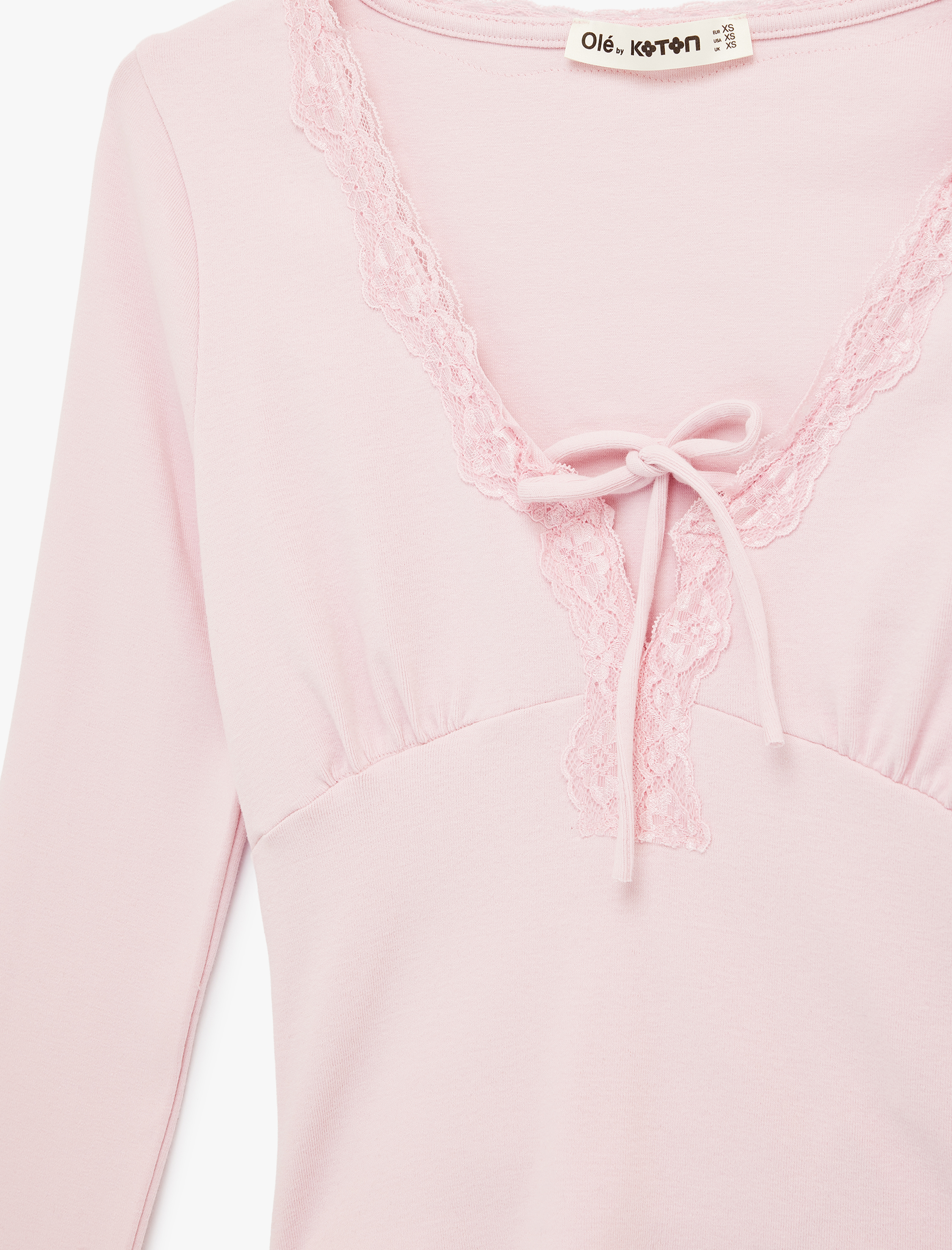   Dantel Detaylı Bağlamalı V Yaka Slim Fit Pamuklu Uzun Kollu Tişört