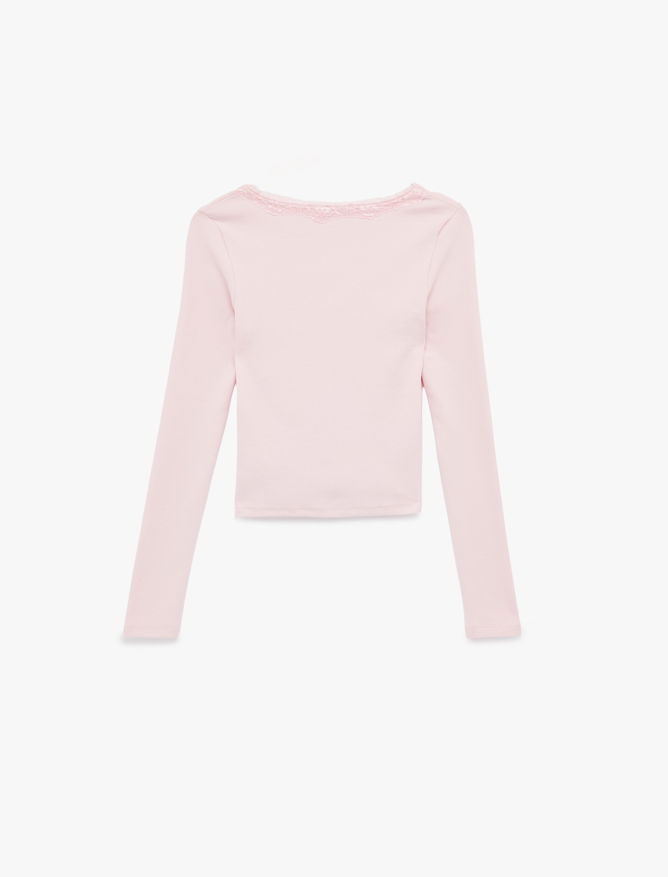   Dantel Detaylı Bağlamalı V Yaka Slim Fit Pamuklu Uzun Kollu Tişört