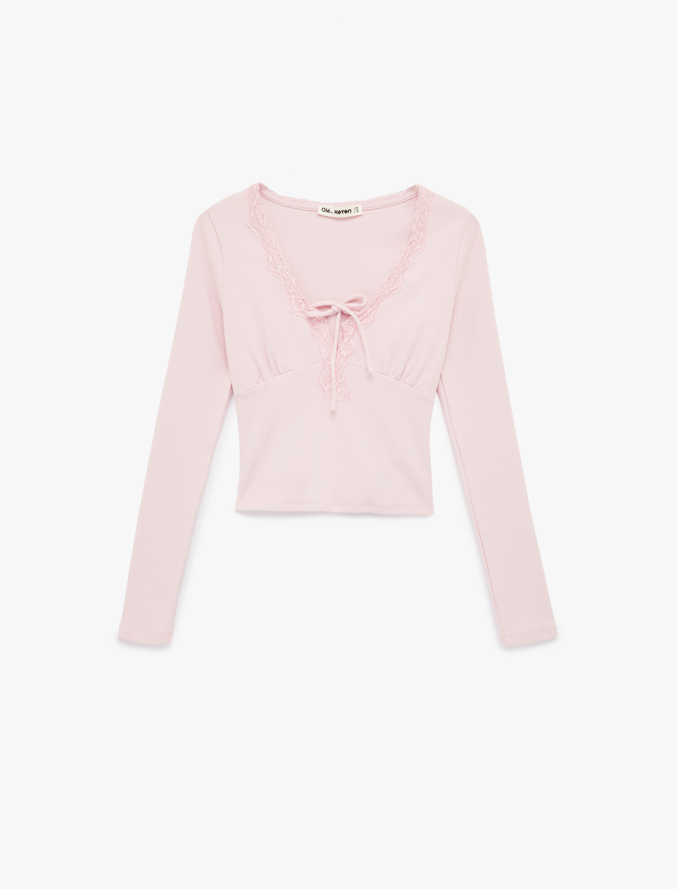   Dantel Detaylı Bağlamalı V Yaka Slim Fit Pamuklu Uzun Kollu Tişört