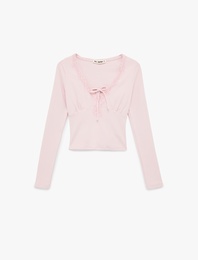 Dantel Detaylı Bağlamalı V Yaka Slim Fit Pamuklu Uzun Kollu Tişört