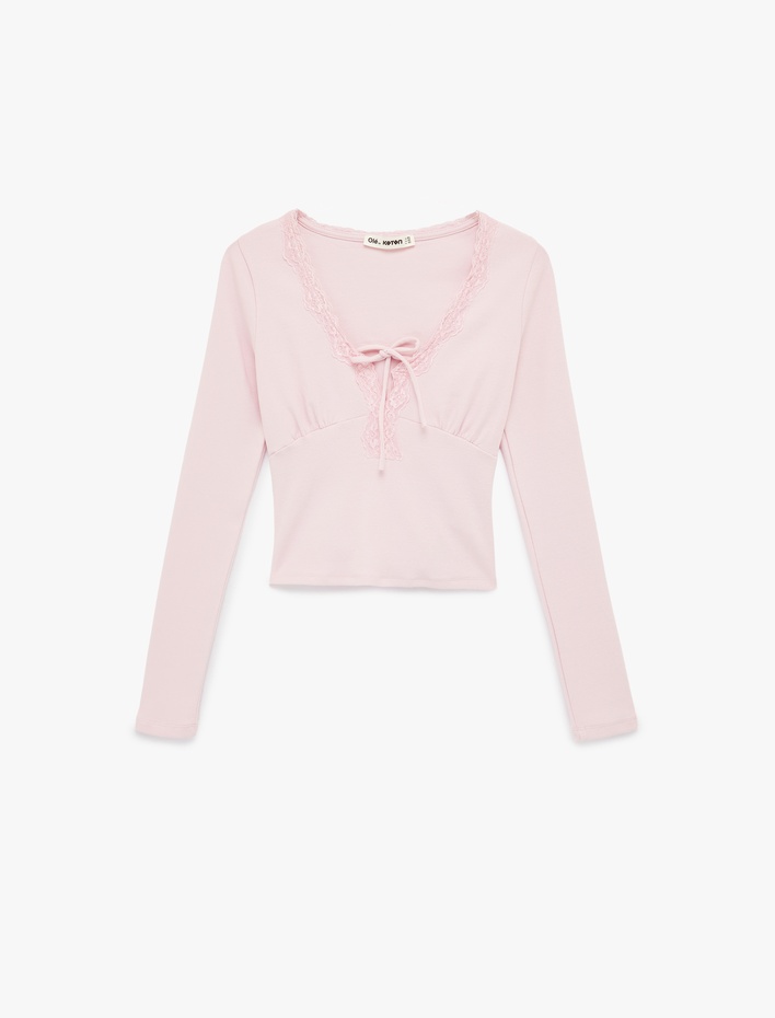  Dantel Detaylı Bağlamalı V Yaka Slim Fit Pamuklu Uzun Kollu Tişört