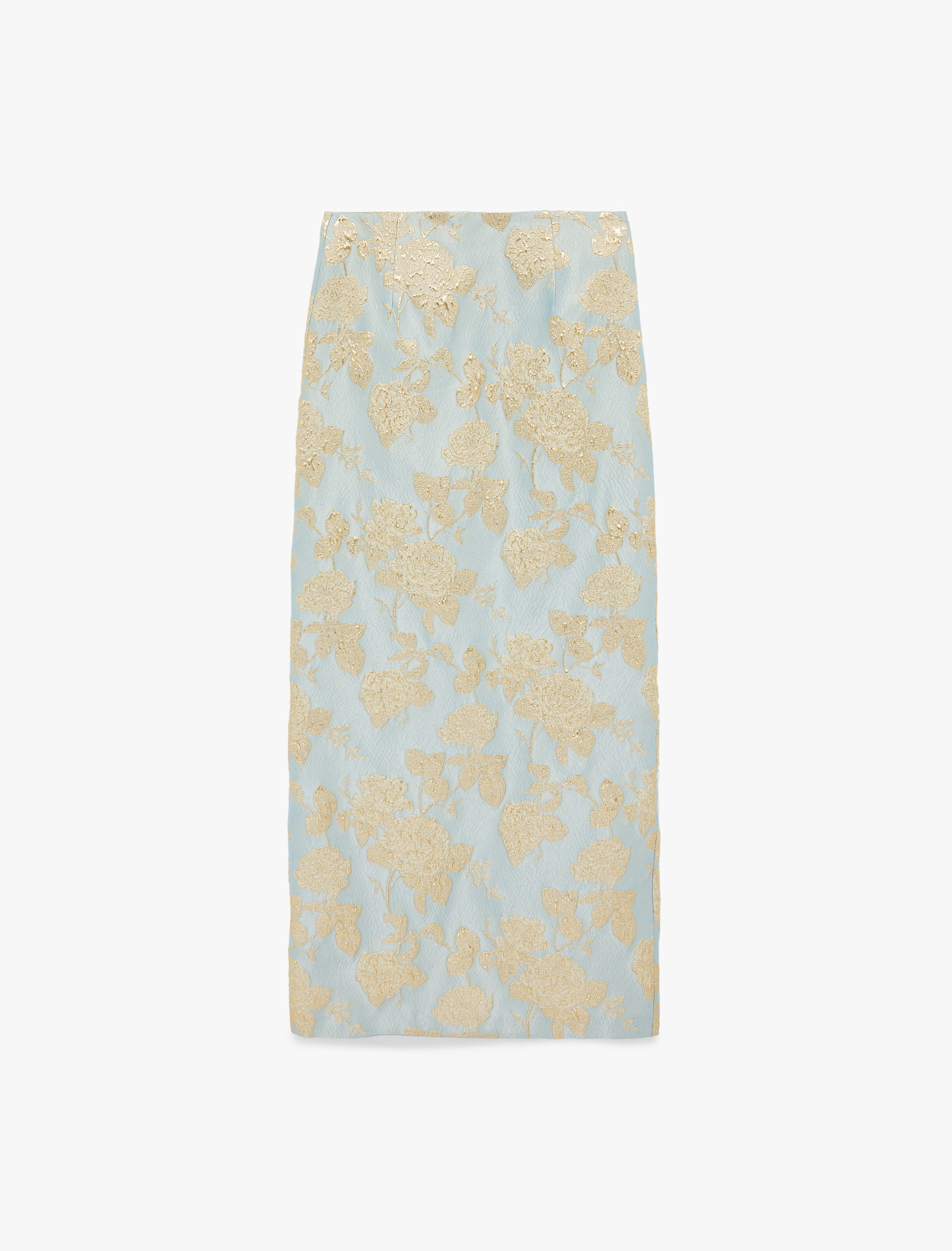   Metalik İplik Detaylı Çiçek Desenli Midi Kalem Etek