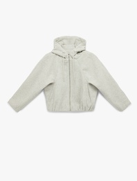 Cepli Fermuarlı Uzun Kollu Kapüşonlu Kaşe Bomber Ceket