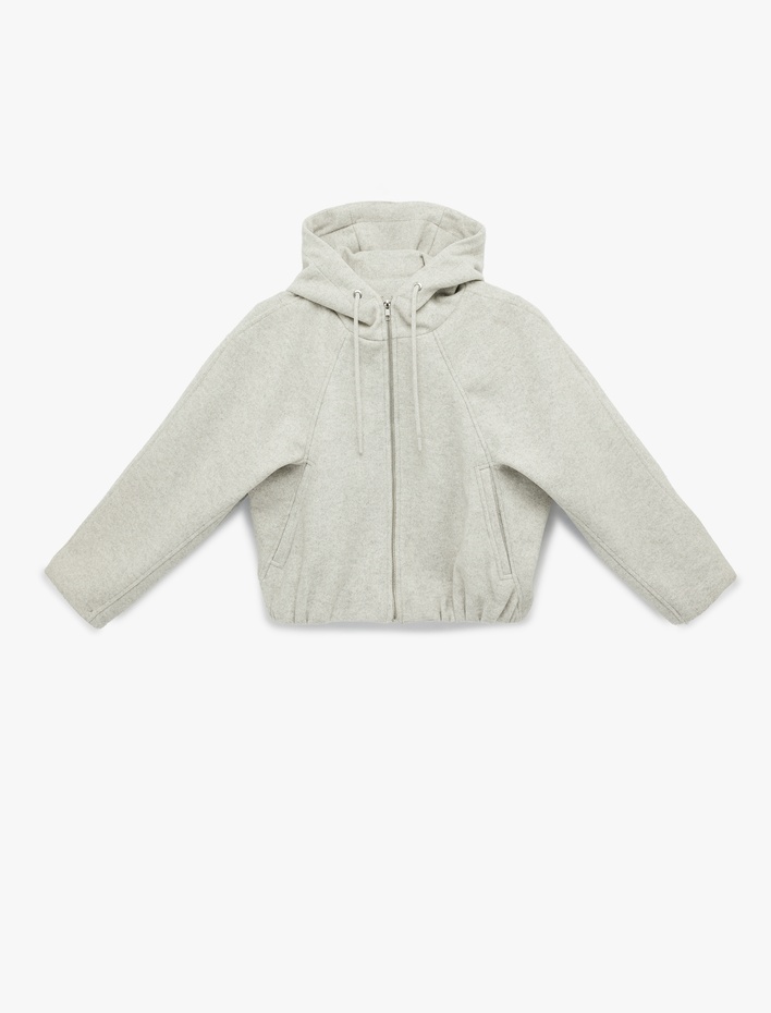  Cepli Fermuarlı Uzun Kollu Kapüşonlu Kaşe Bomber Ceket