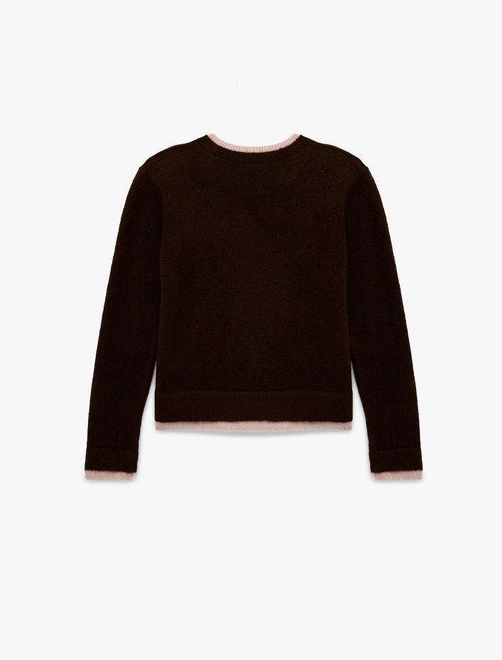  Koyun Yünü Karışımlı Uzun Kollu Bisiklet Yaka Biyeli Triko Kazak