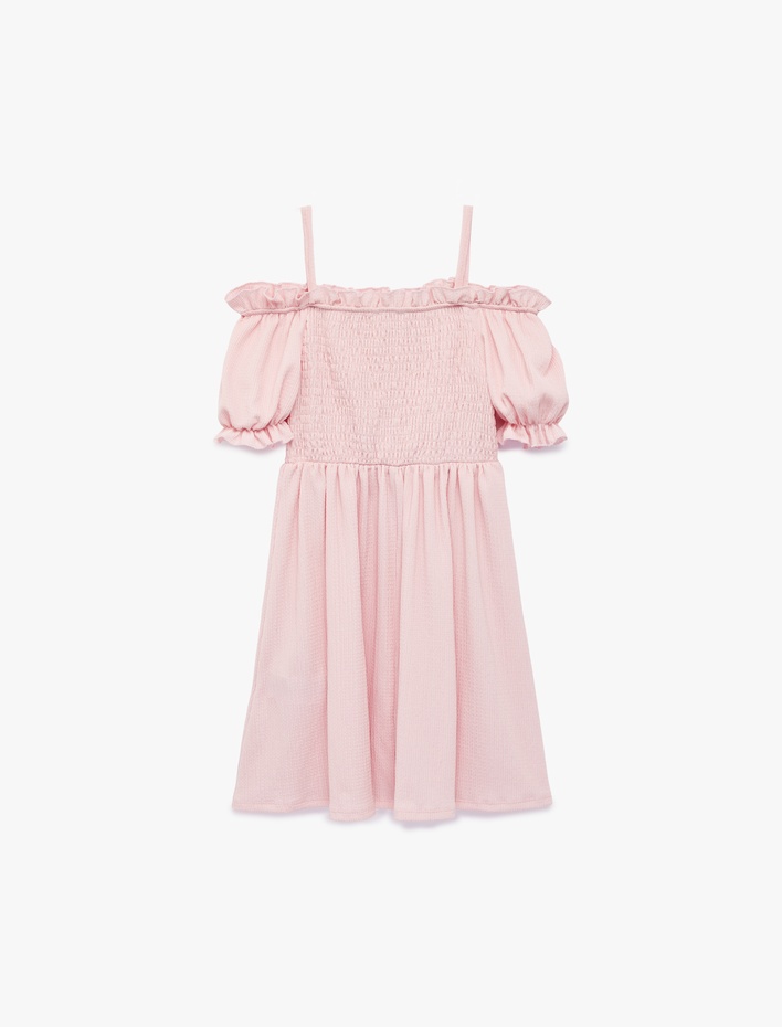 Kız Çocuk Gipeli Balon Kollu Omzu Açık Midi Elbise