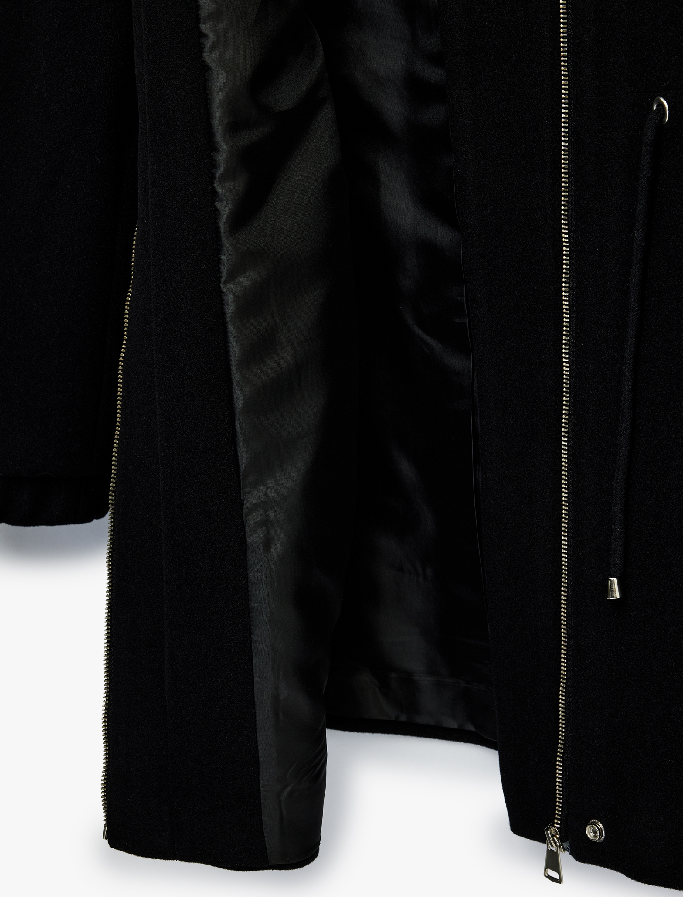   Uzun Kollu Beli Bağcıklı Fermuarlı Suni Kürklü Kapüşonlu Kaşe Kaban