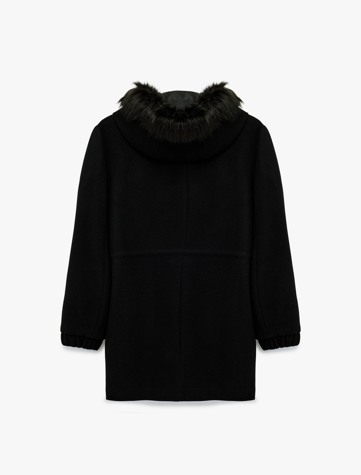  Uzun Kollu Beli Bağcıklı Fermuarlı Suni Kürklü Kapüşonlu Kaşe Kaban