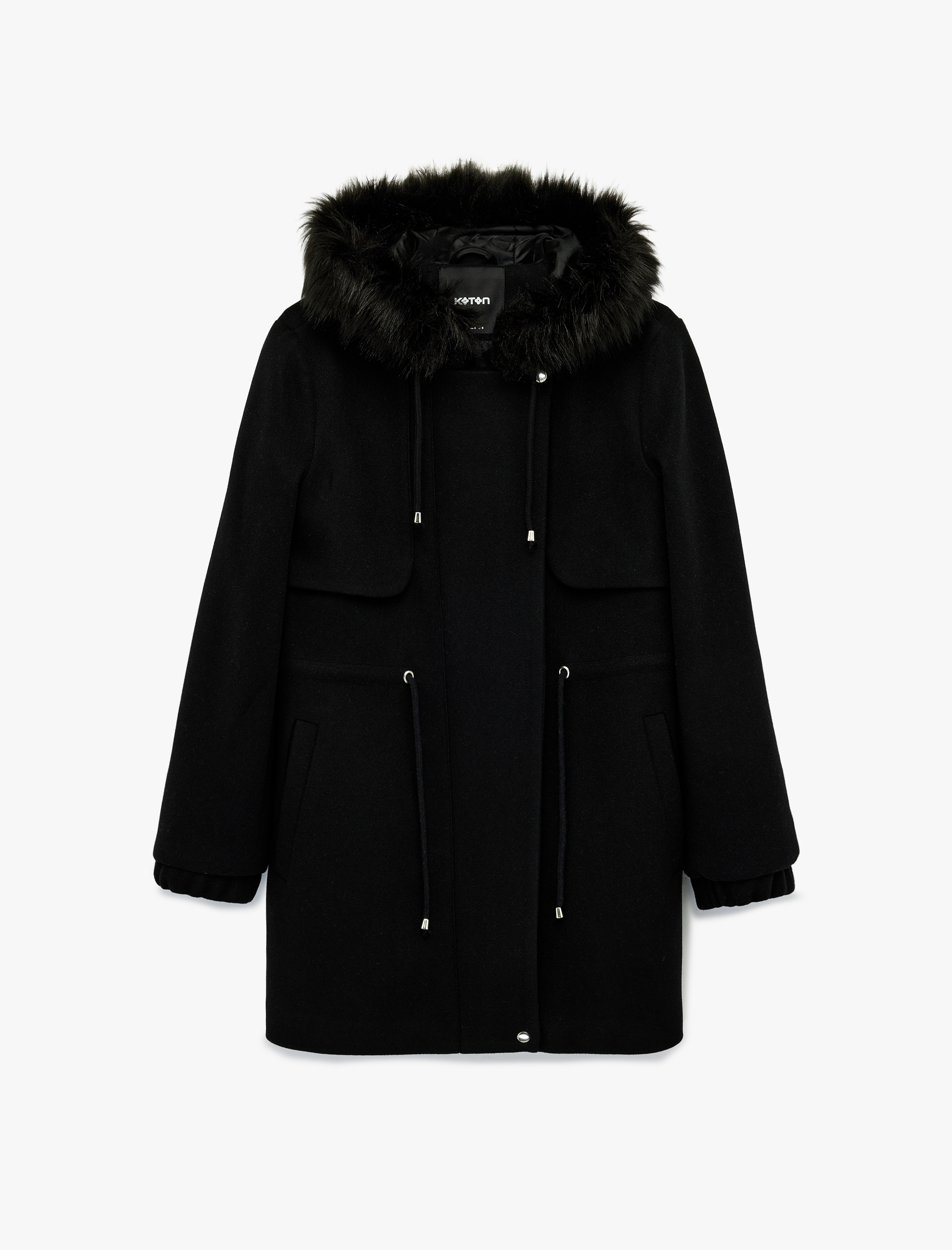   Uzun Kollu Beli Bağcıklı Fermuarlı Suni Kürklü Kapüşonlu Kaşe Kaban