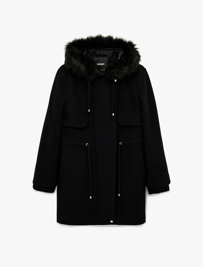  Uzun Kollu Beli Bağcıklı Fermuarlı Suni Kürklü Kapüşonlu Kaşe Kaban