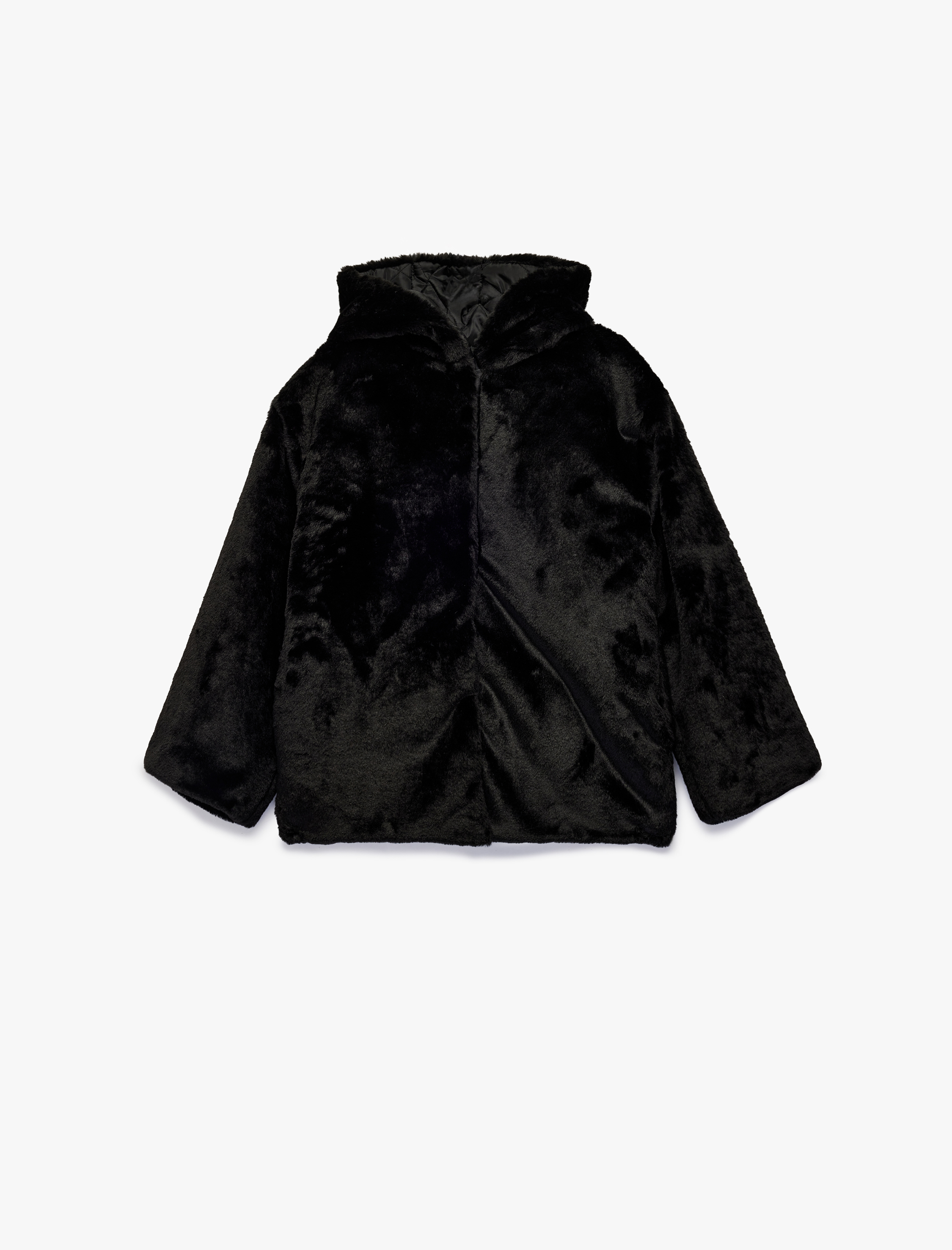  Kız Çocuk Uzun Kollu Cep Detaylı Fermuarlı Kapüşonlu Suni Kürklü Mont