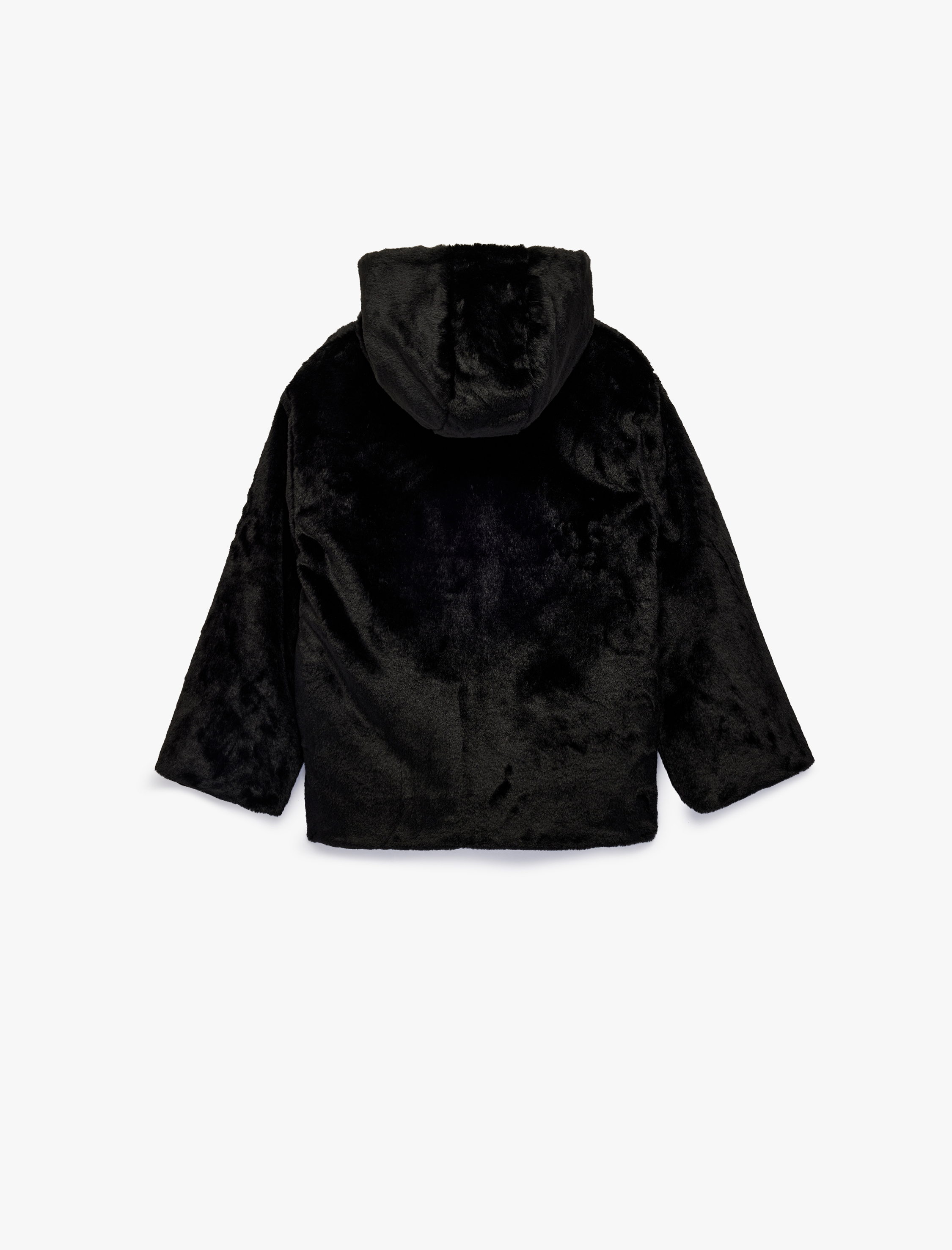  Kız Çocuk Uzun Kollu Cep Detaylı Fermuarlı Kapüşonlu Suni Kürklü Mont