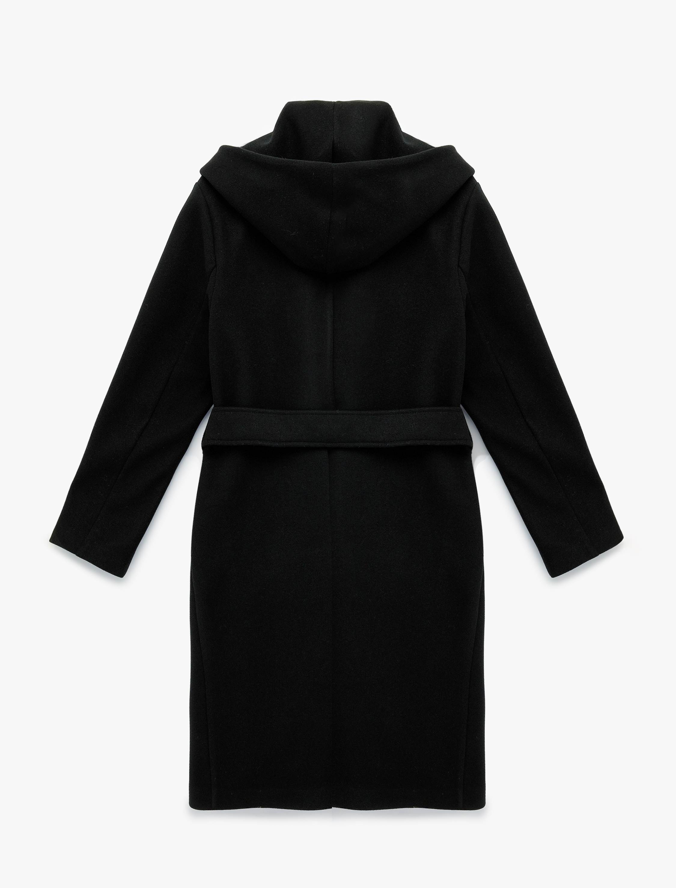   Uzun Kollu Cepli Kemerli Kapüşonlu Kaşe Kaban