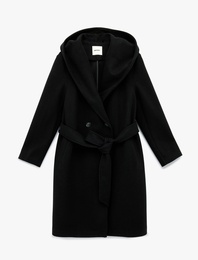 Uzun Kollu Cepli Kemerli Kapüşonlu Kaşe Kaban