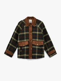 Klasik Yaka Çıtçıt Düğmeli Cep Detaylı Ekoseli Oversize Mont