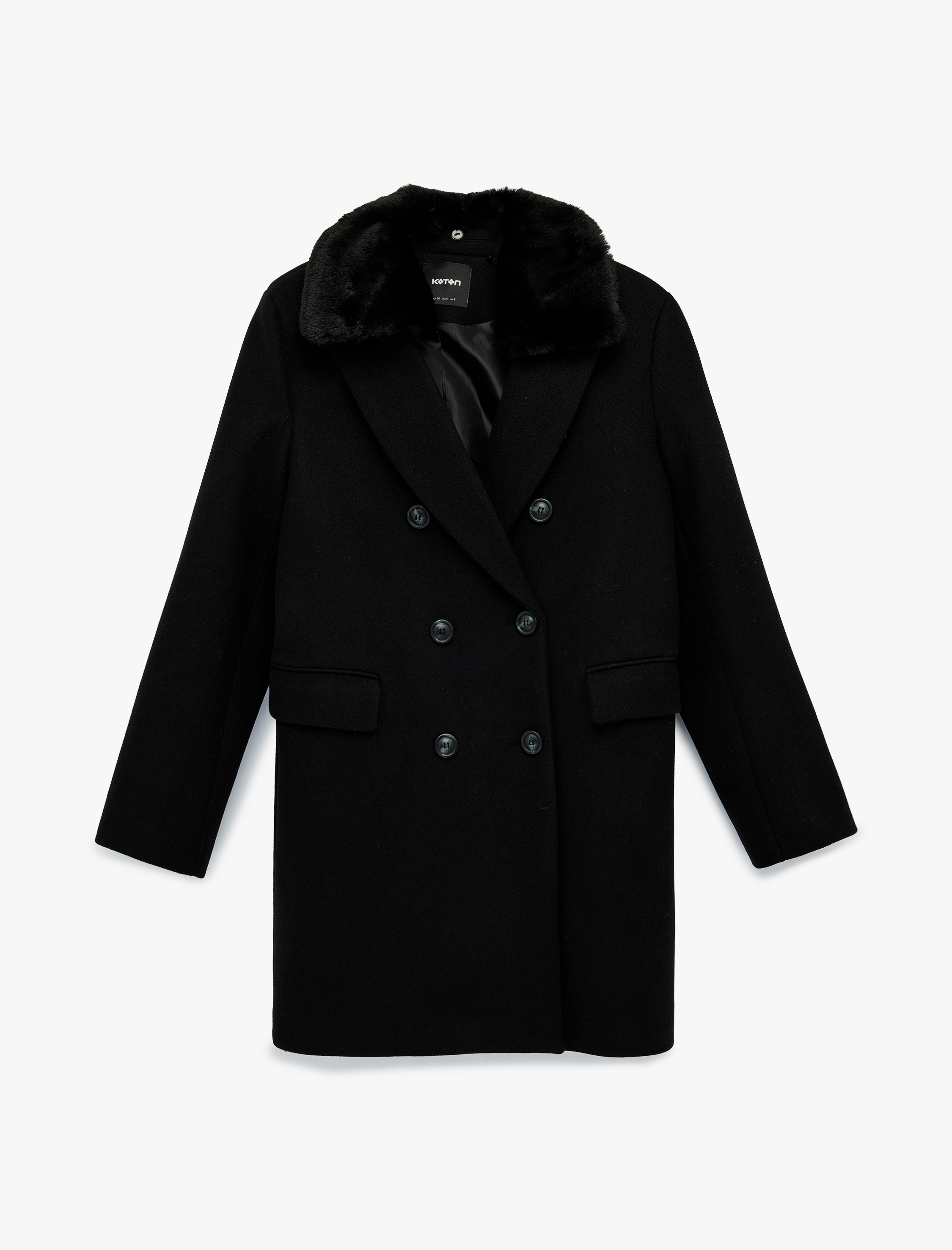   Uzun Kollu Çıkarılabilir Suni Kürk Yakalı Kruvaze Kaşe Kaban