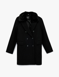 Uzun Kollu Çıkarılabilir Suni Kürk Yakalı Kruvaze Kaşe Kaban