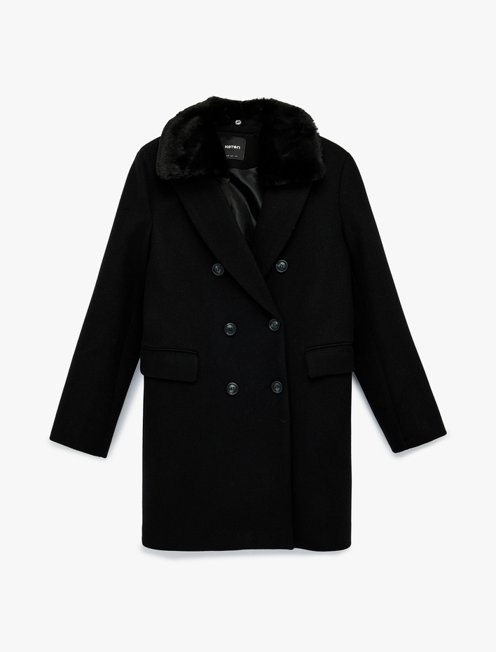  Uzun Kollu Çıkarılabilir Suni Kürk Yakalı Kruvaze Kaşe Kaban