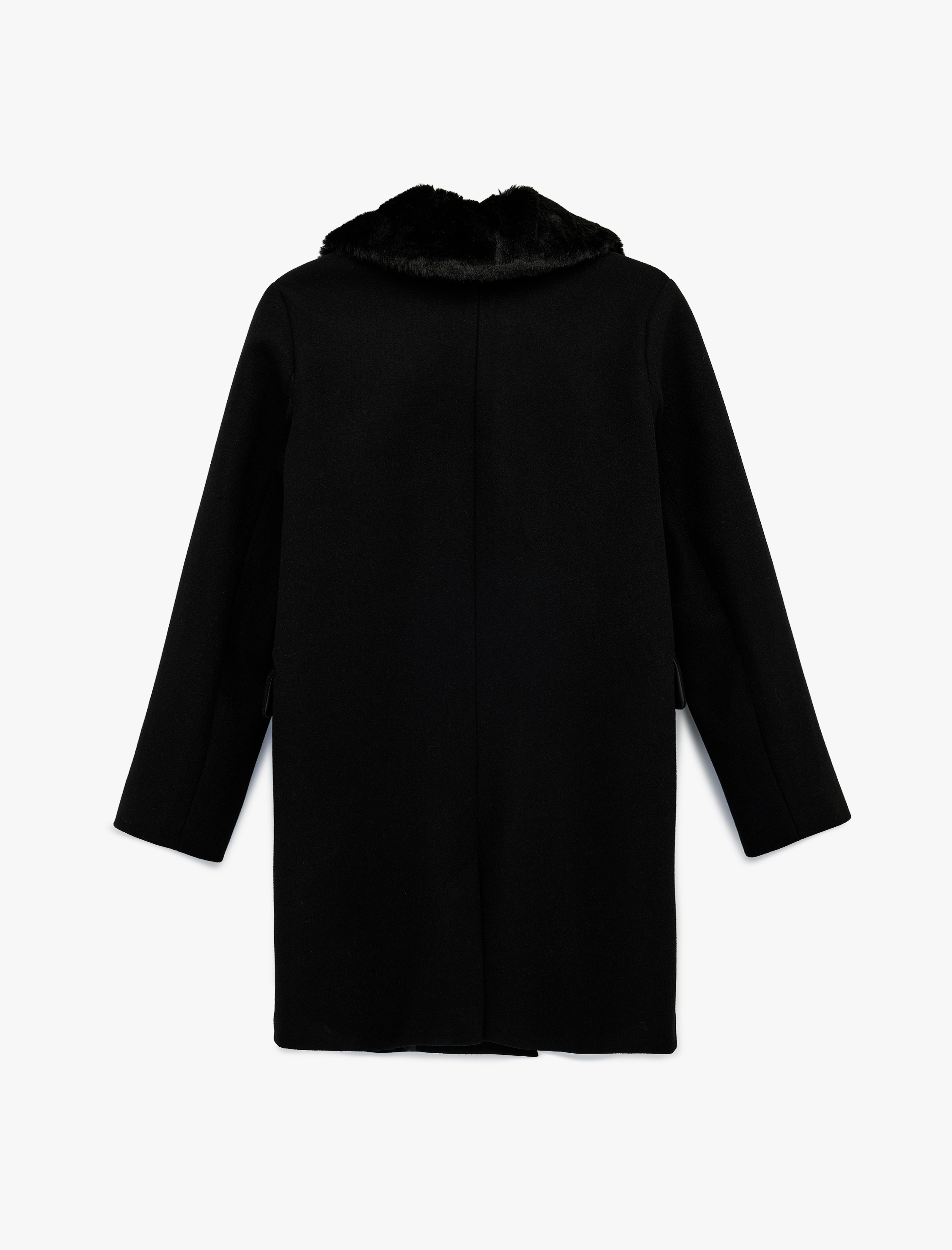   Uzun Kollu Çıkarılabilir Suni Kürk Yakalı Kruvaze Kaşe Kaban