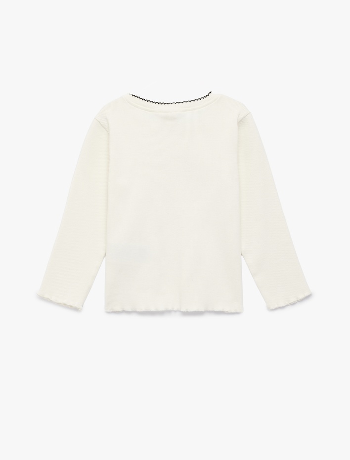 Kız Bebek Nakış Detaylı Uzun Kollu Bisiklet Yaka Pamuklu Tişört