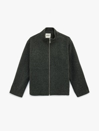 Dik Yaka Uzun Kollu Fermuarlı Kaşe Ceket