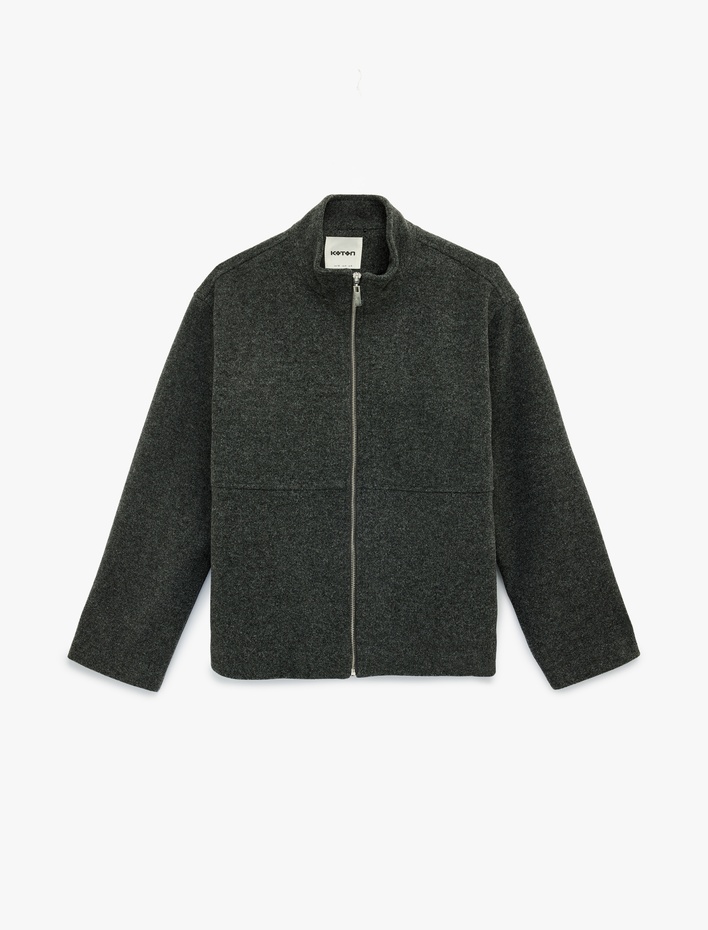  Dik Yaka Uzun Kollu Fermuarlı Kaşe Ceket