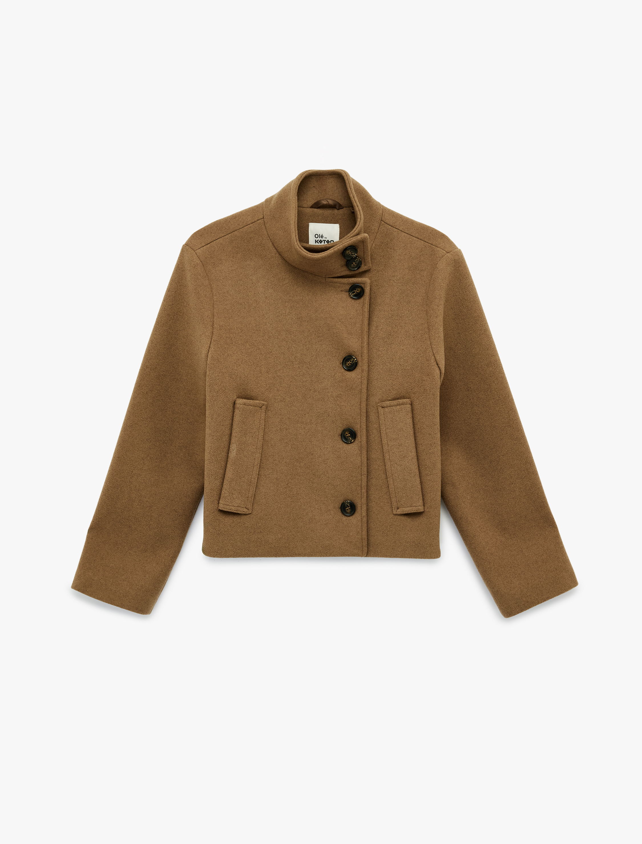   Uzun Kollu Dik Yaka Cep Detaylı Düğmeli Crop Ceket