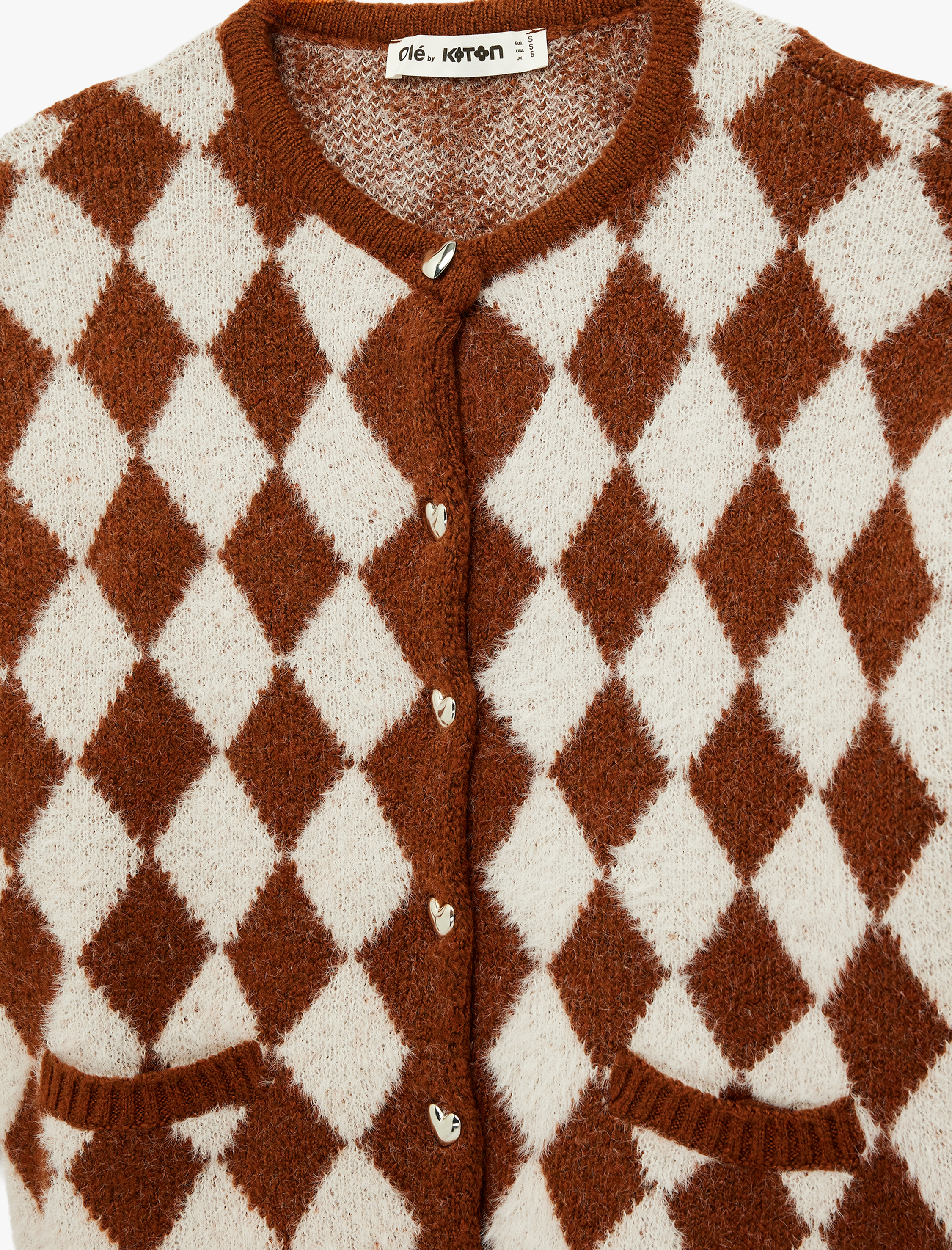   Bisiklet Yaka Kalp Düğmeli Cepli Baklava Desenli Triko Hırka