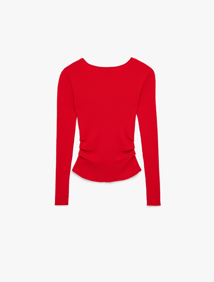  Uzun Kollu Drape Detaylı Yuvarlak Kayık Yaka Triko Kazak