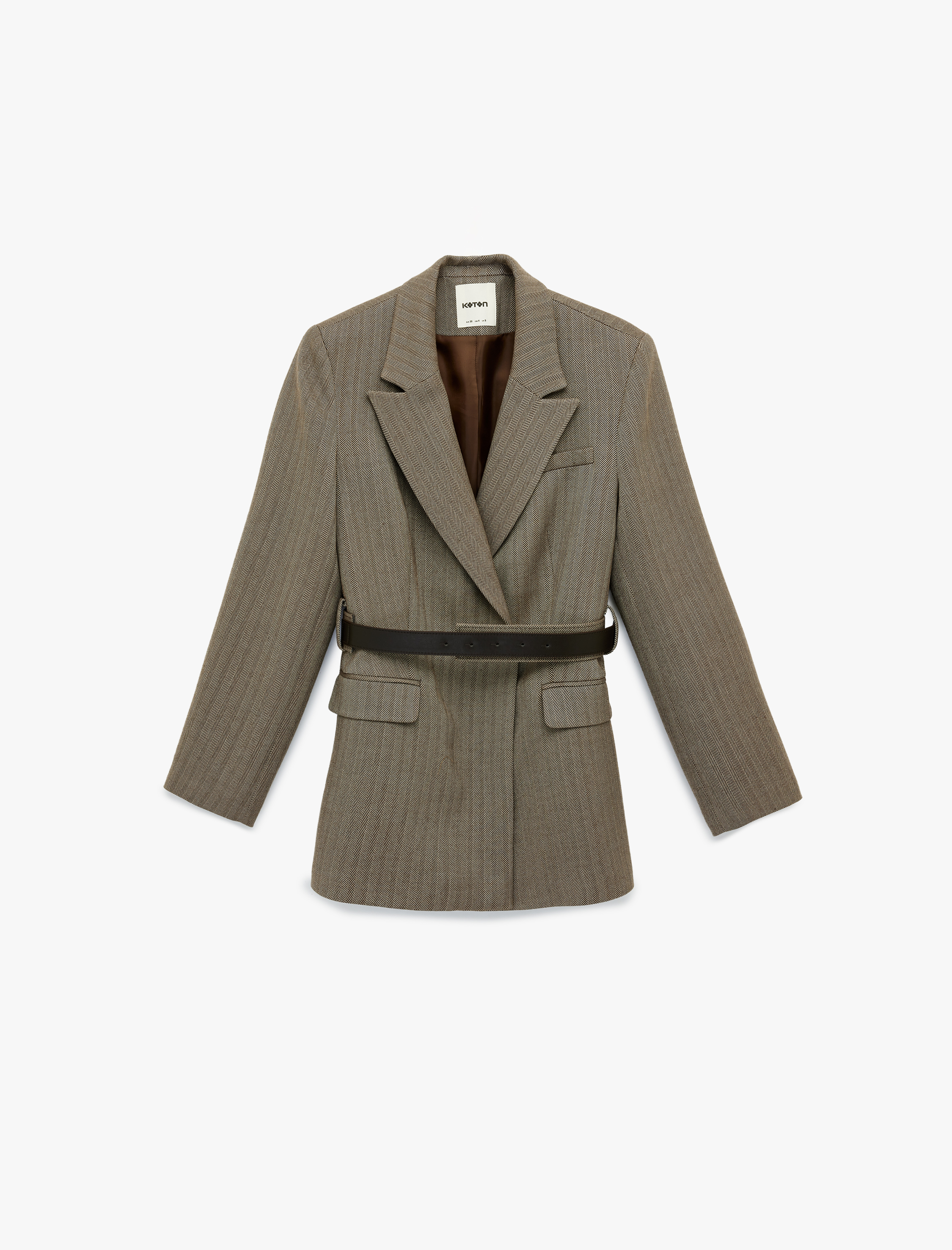   Flanel Kumaş Cepli Uzun Kollu Kemerli Blazer Ceket