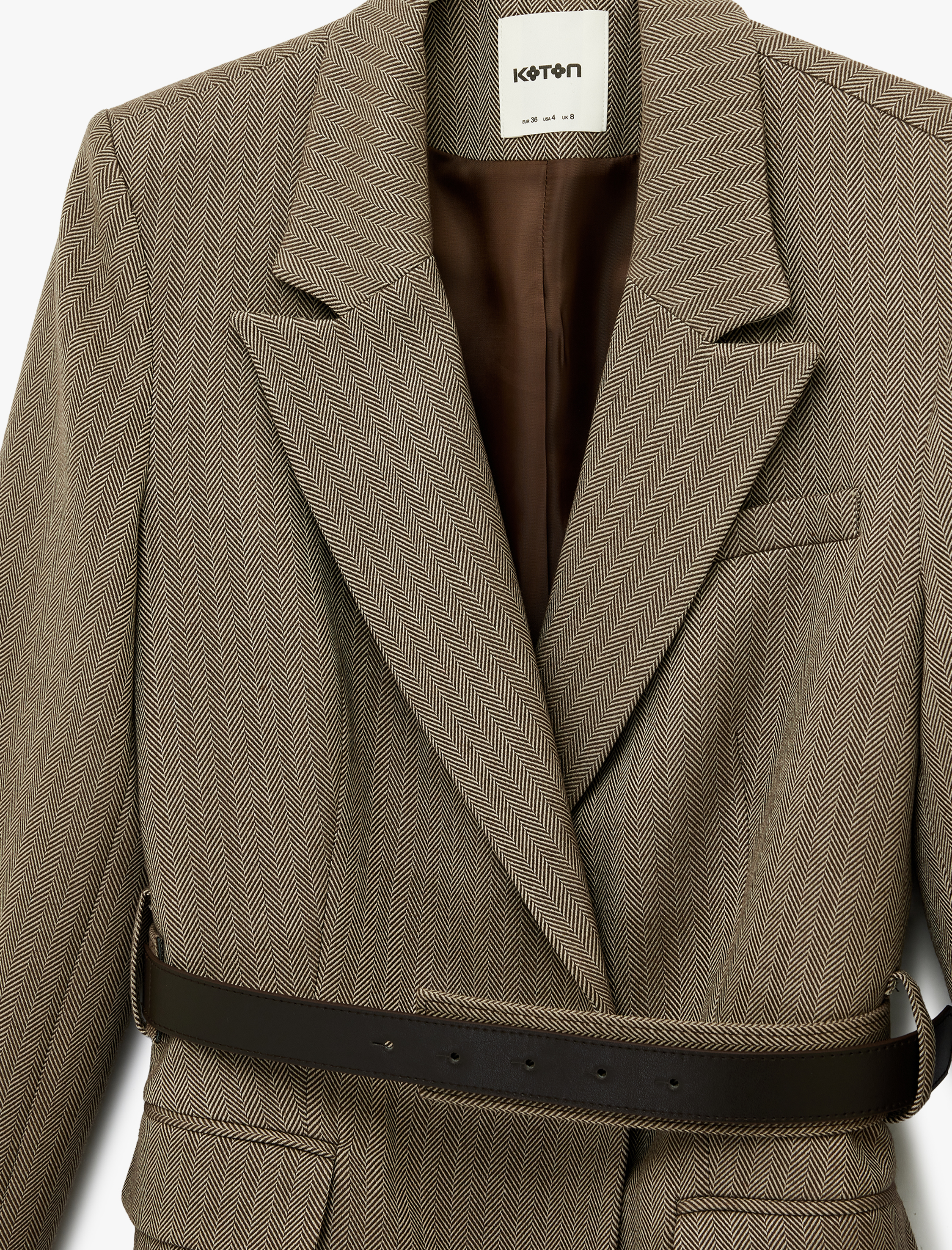   Flanel Kumaş Cepli Uzun Kollu Kemerli Blazer Ceket