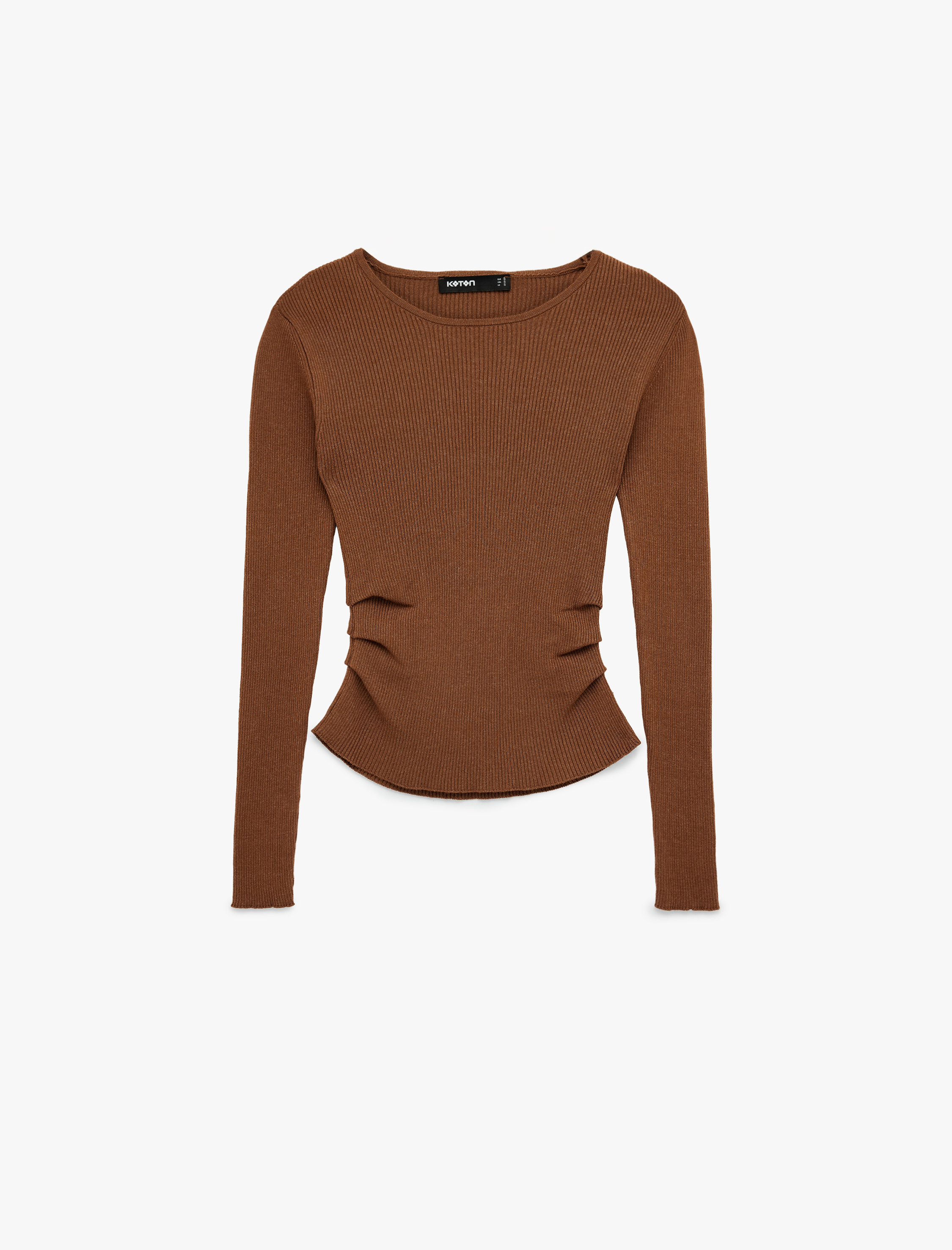   Uzun Kollu Drape Detaylı Yuvarlak Kayık Yaka Triko Kazak