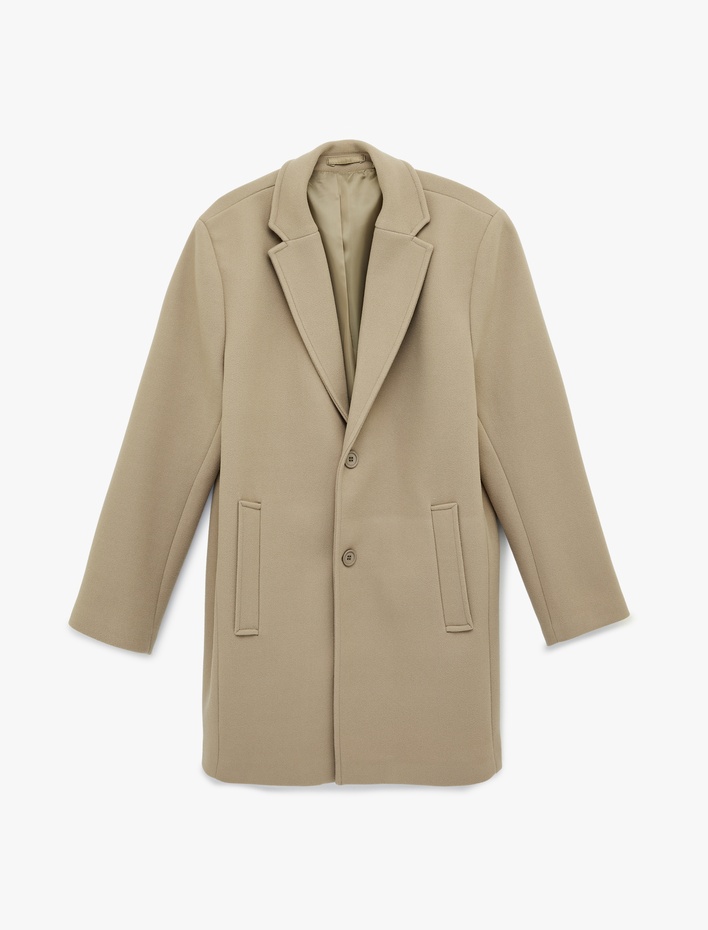  Regular Fit Uzun Kollu Cepli Düğmeli Kruvaze Yaka Kaşe Kaban