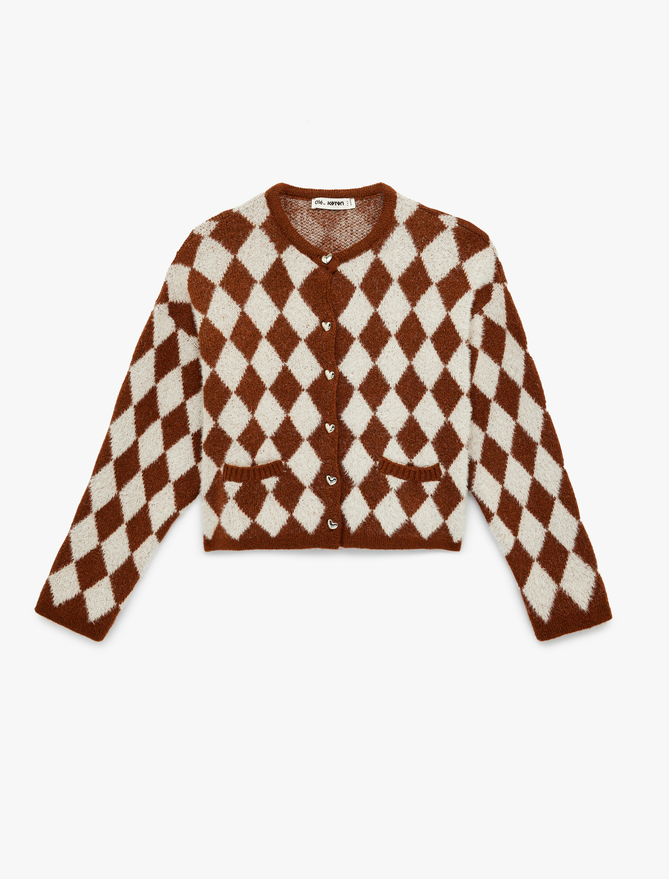   Bisiklet Yaka Kalp Düğmeli Cepli Baklava Desenli Triko Hırka