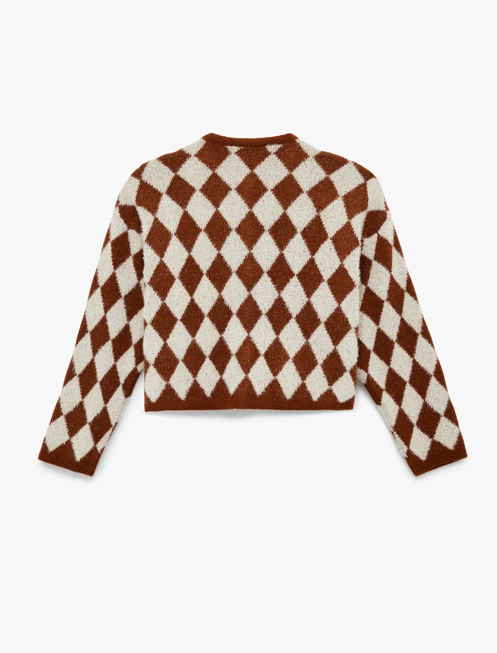  Bisiklet Yaka Kalp Düğmeli Cepli Baklava Desenli Triko Hırka