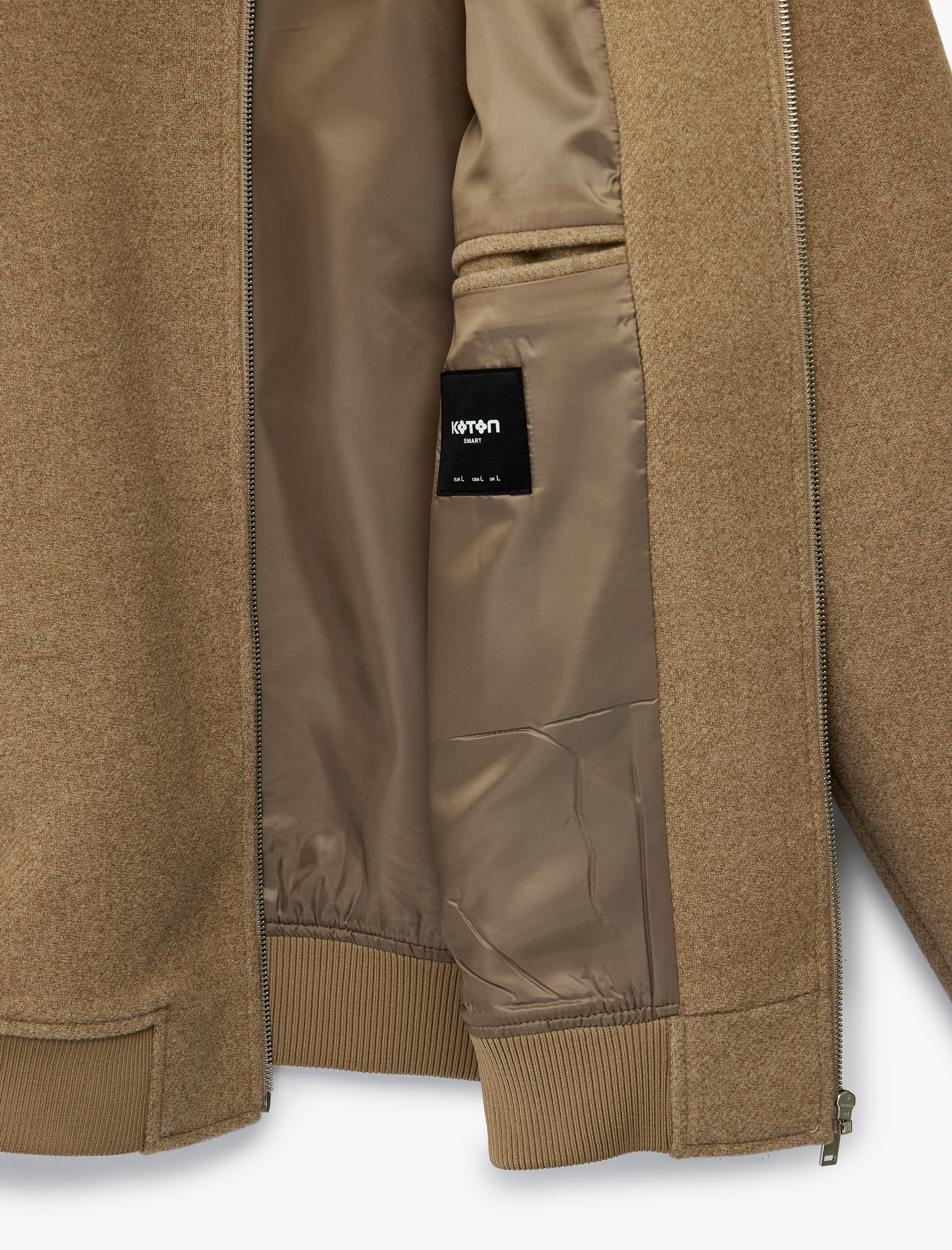   Uzun Kollu Cepli Fermuarlı Gömlek Yaka Kışlık Kaşe Bomber Ceket