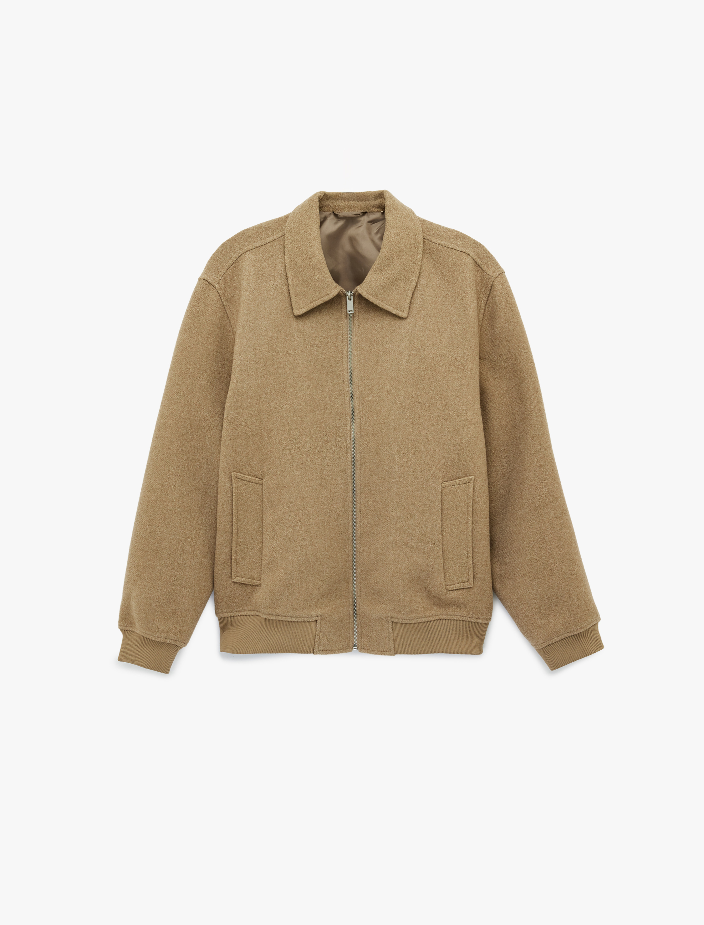   Uzun Kollu Cepli Fermuarlı Gömlek Yaka Kışlık Kaşe Bomber Ceket