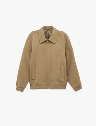 Uzun Kollu Cepli Fermuarlı Gömlek Yaka Kışlık Kaşe Bomber Ceket