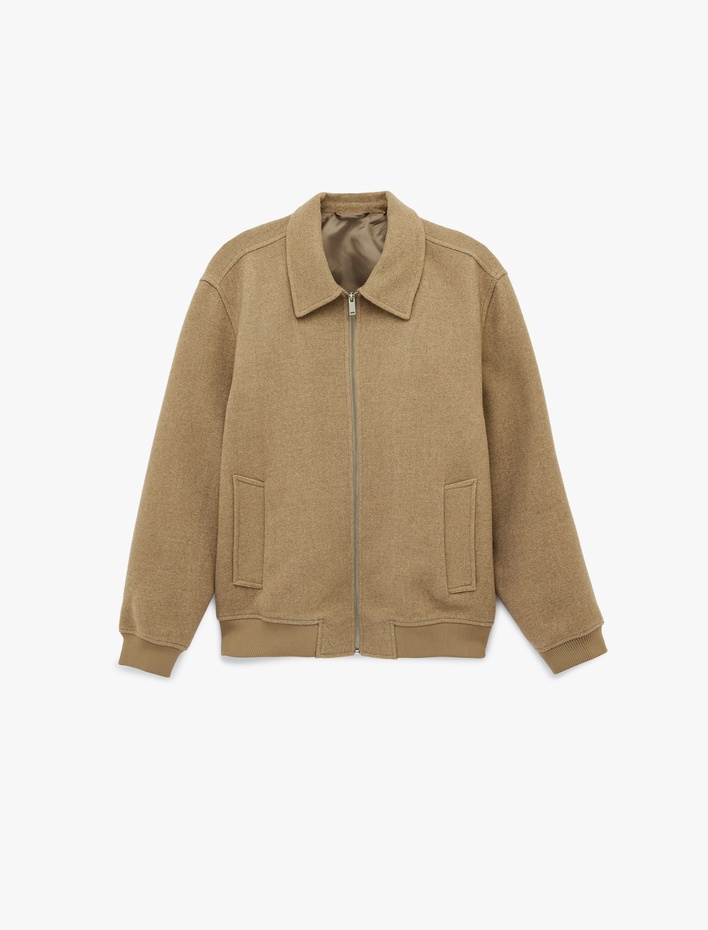  Uzun Kollu Cepli Fermuarlı Gömlek Yaka Kışlık Kaşe Bomber Ceket