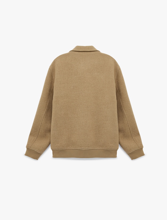  Uzun Kollu Cepli Fermuarlı Gömlek Yaka Kışlık Kaşe Bomber Ceket