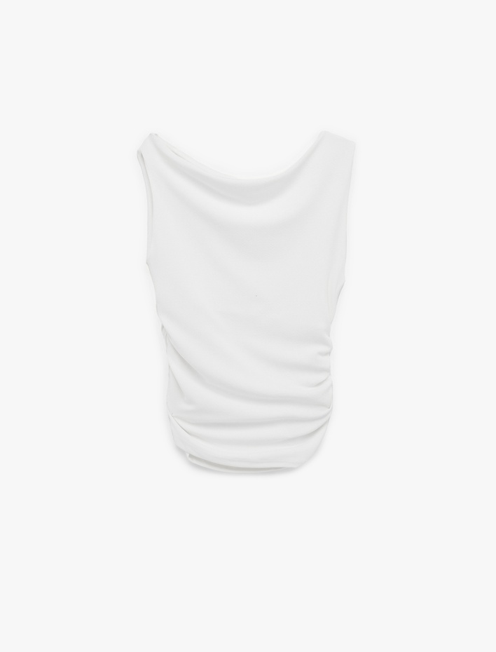  Asimetrik Yaka Slim Fit Kolsuz Drapeli Bluz