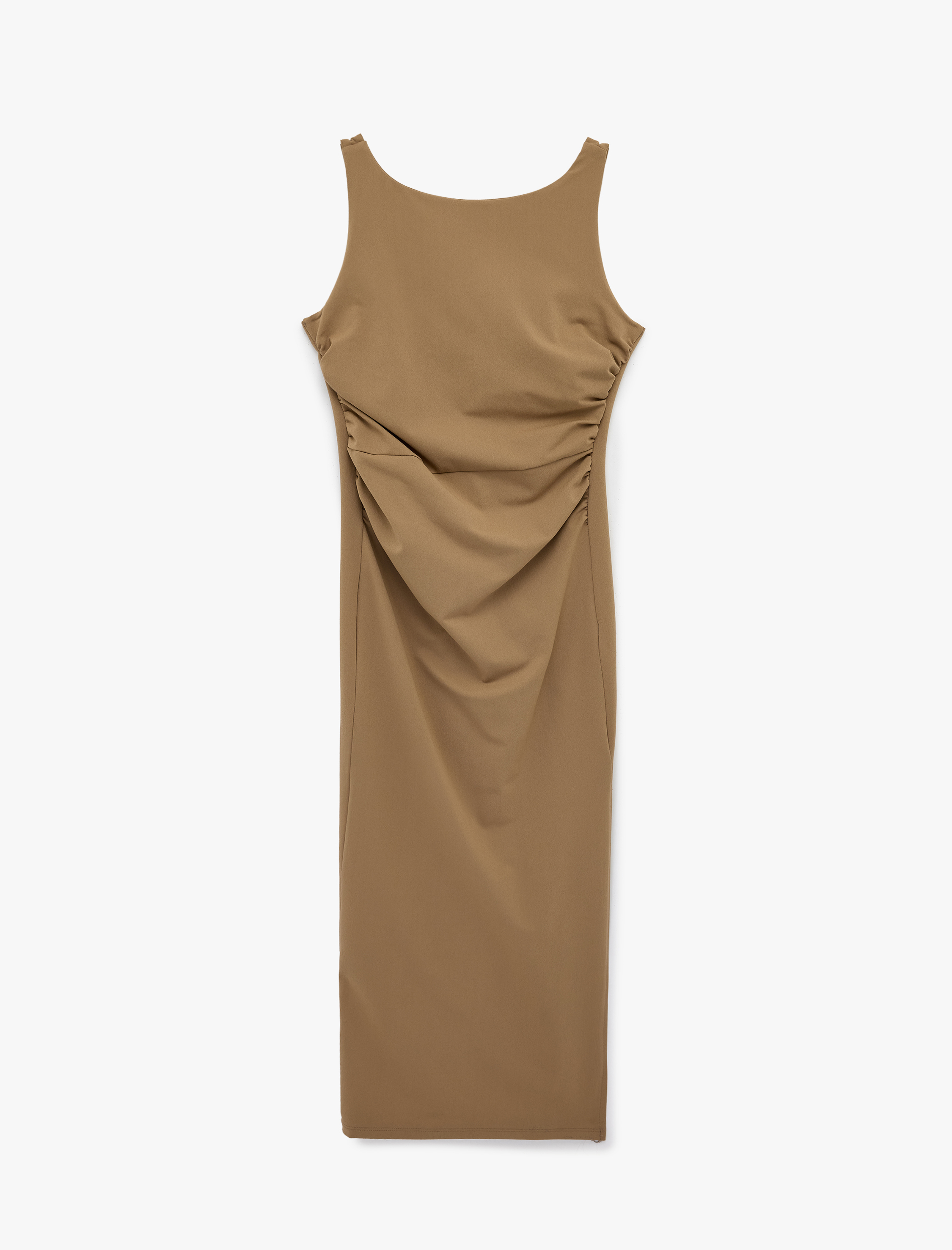   Drapeli Yuvarlak Yaka Askılı Midi Boy Elbise