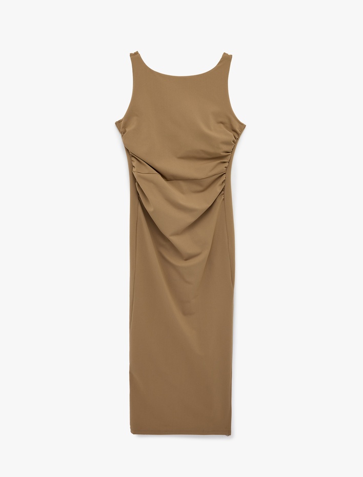  Drapeli Yuvarlak Yaka Askılı Midi Boy Elbise