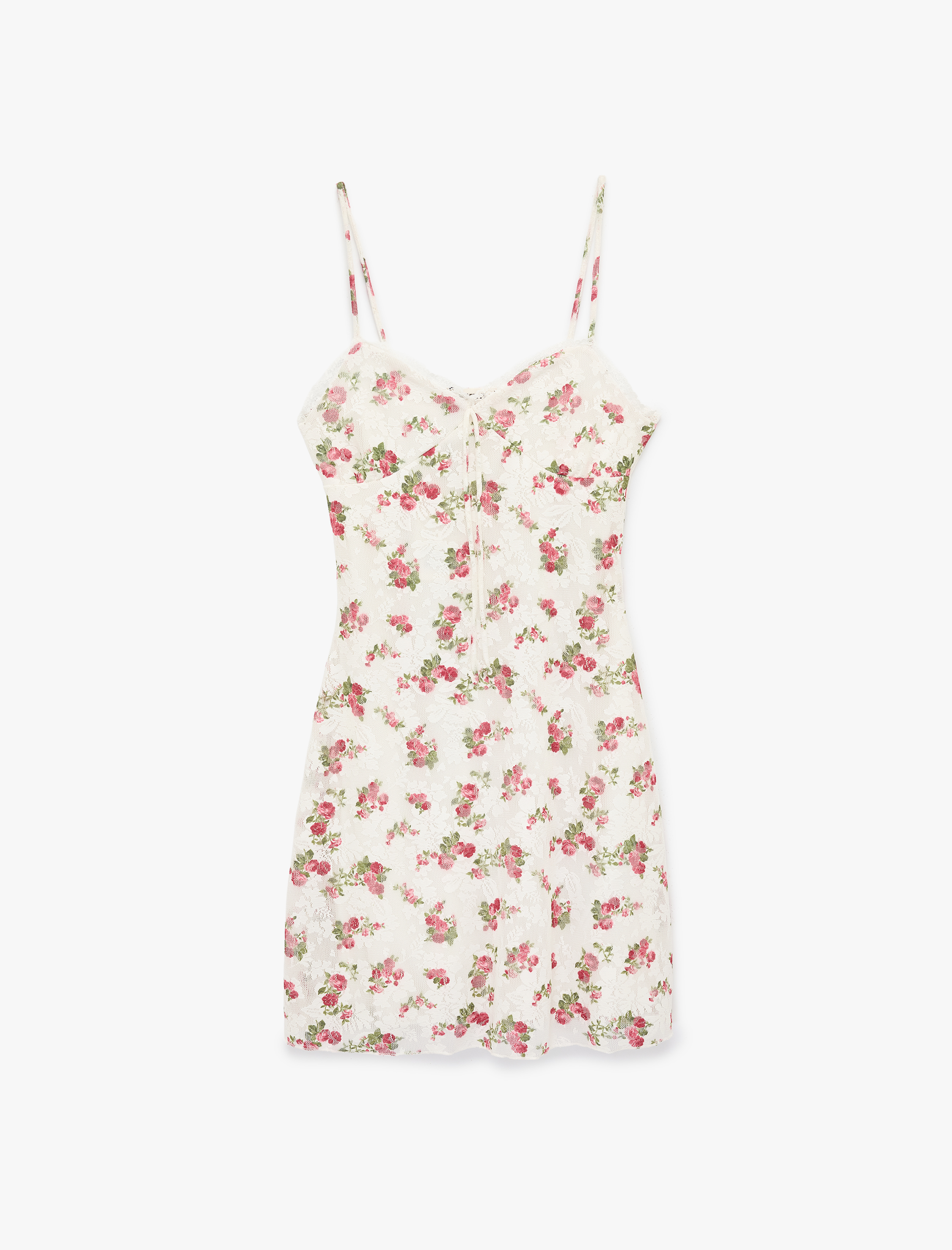   Rahat Kalıp İp Askılı A Kesim Çiçekli Dantelli Mini Elbise